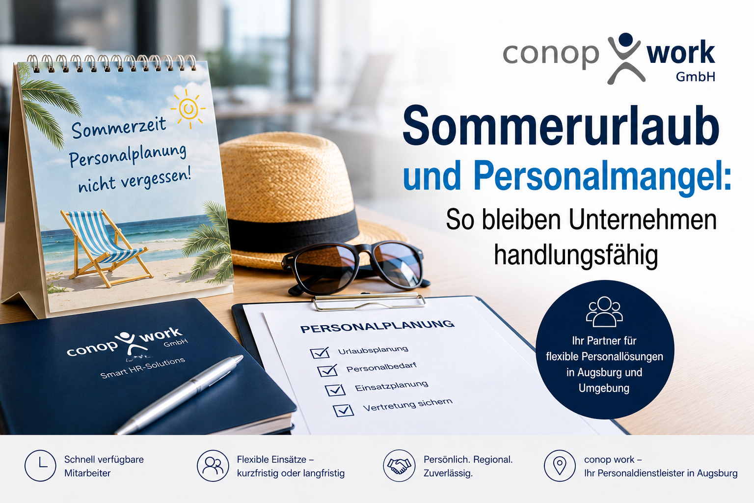 Der Sommer bringt viele Unternehmen personell an ihre Grenzen. Erfahren Sie, wie Sie Personalmangel während der Urlaubszeit vermeiden und mit conop work schnell qualifizierte Mitarbeiter finden.